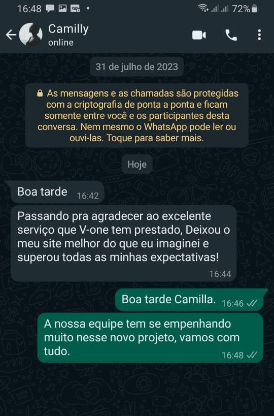 Depoimento de cliente V-one no WhatsApp